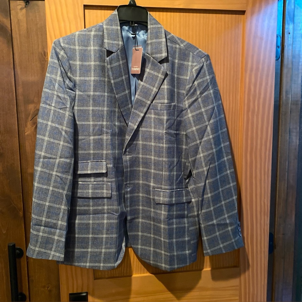 Men’s 2 Button Blue Plaid Sports Coat/Suit Jacket Lined Size L NWT